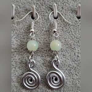 Green silver spiral handmade Wire wrapped earrings